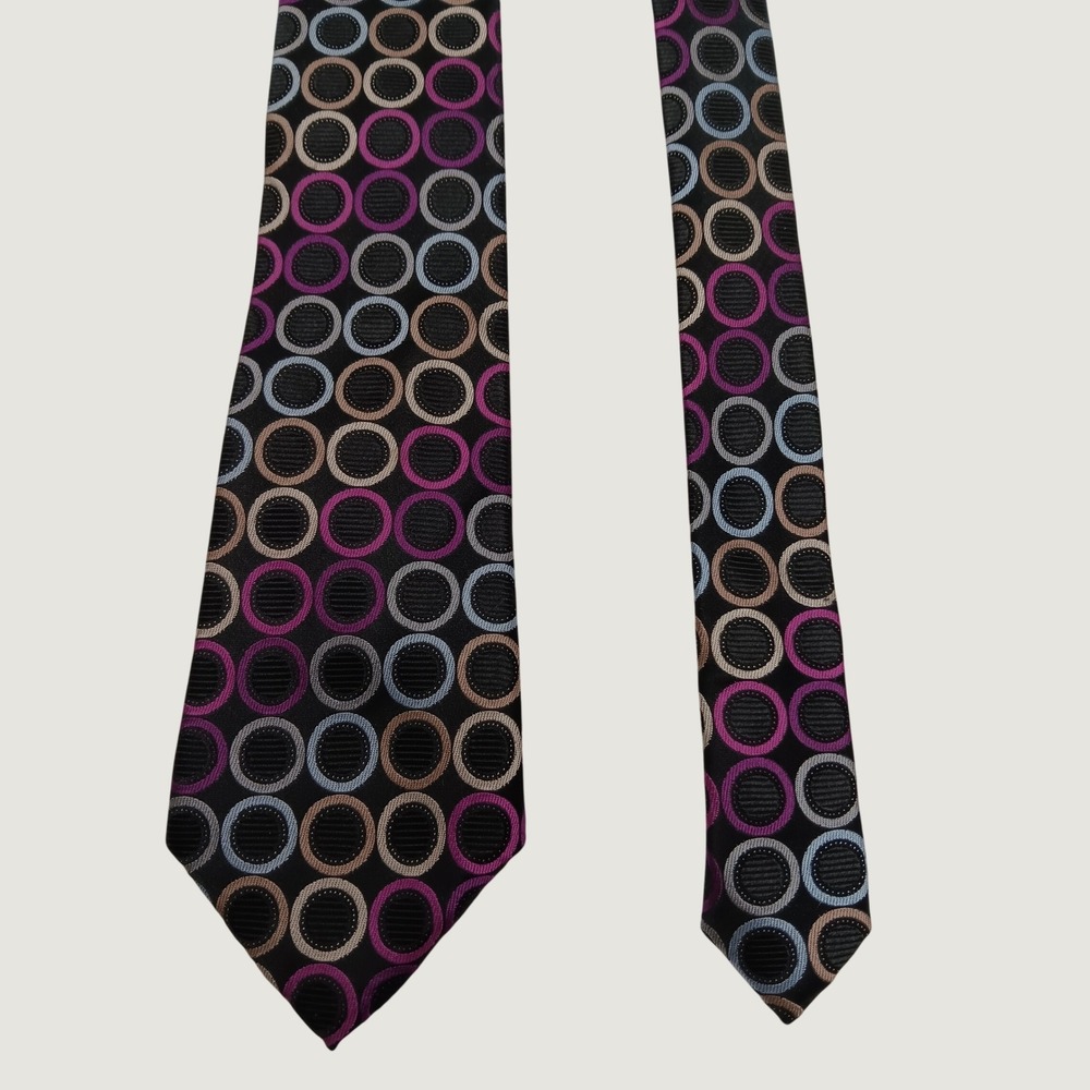 Sean John Men's Silk Necktie Black Purple Blue Geometric Circles Pattern Tie